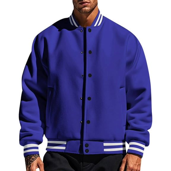 Men's Lapel Jacket, Solid Color Fleece Baseball Collar Button-Down Casual Zipper Pocket Coat for Sports and Winter Season,Royal Blue,L