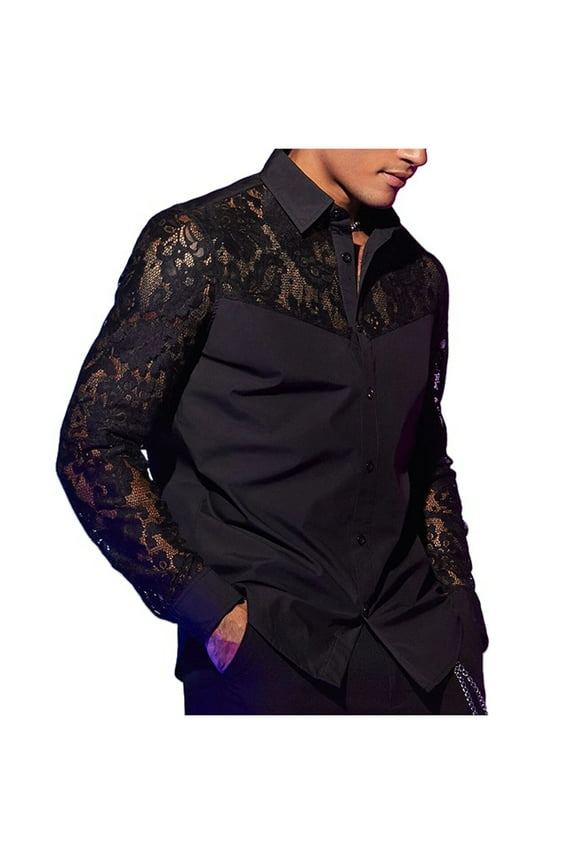 Men's Lapel Long Sleeve Shirt Sexy Lace Stitching See-through Shirt Tops Long Sleeves Button-up Fishnet Transparent Shirt