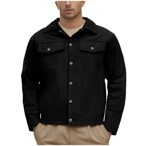 Men's Lapel Neck Button Down Jacket Casual Long Sleeve Solid Cargo Pea Coat Lightweight Trucker Jackets