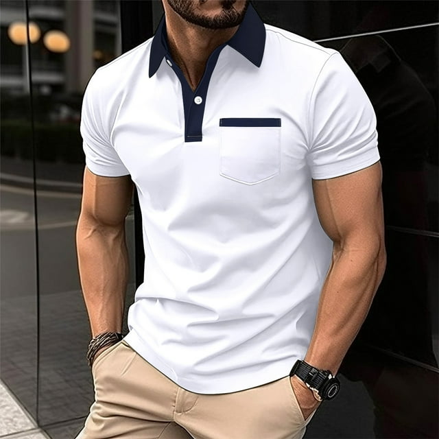 Men's Lapel Slim Fit Chest Pocket Short Sleeve Men's T-Shirt Off White ...