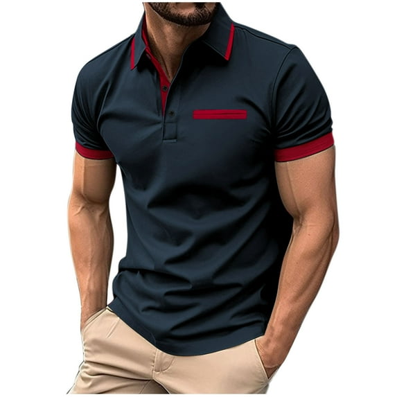 Men's Lapel Slim Fit Short Sleeve Polo Shirt Spliced ​​Golf Shirt Solid Color Performance Casual T-Shirt