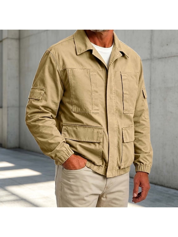Men's Lapel Utility Outdoor Jacket with Multi Zipper Pockets Solid Casual Outerwear