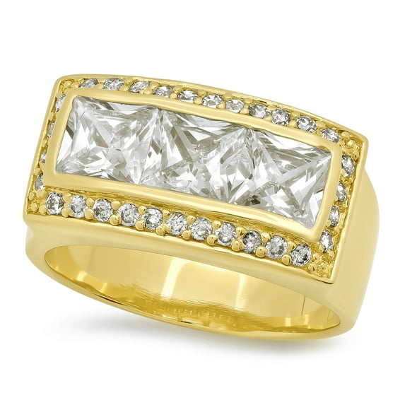 Men's Large 14k Gold Plated Channel Set Princess Cut Bling Cubic Zirconia Ring, Size 11.5 + Bonus Cloth