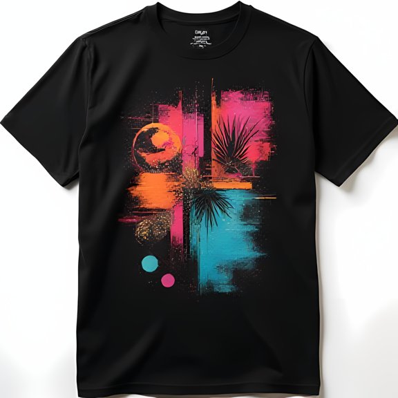 Men's Large Black T-Shirt with Colorful Chest Graphic Design Casual Style