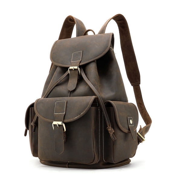 Men's Large-Capacity Water-Repellent Head Layer Leather Backpack,Coffee