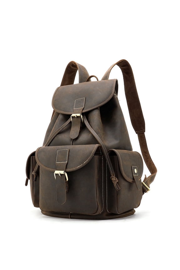 Men's Large-Capacity Water-Repellent Head Layer Leather Backpack,Coffee