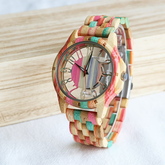 Men's Large Dial Colorful Bamboo Hollow Quartz Watch, All-Bamboo Watch, Men's Gift,Colorful Bamboo