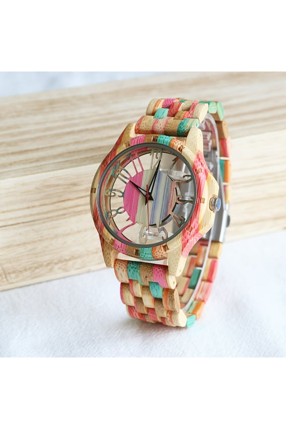 Men's Large Dial Colorful Bamboo Hollow Quartz Watch, All-Bamboo Watch, Men's Gift,Colorful Bamboo