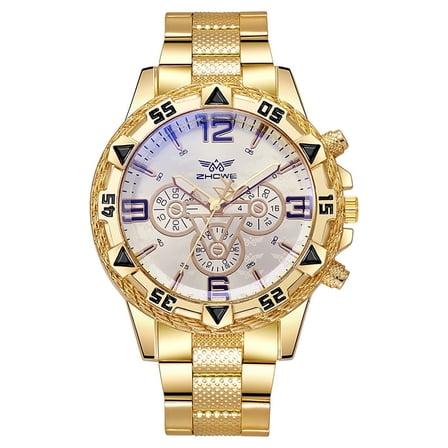 Men's Large-Dial Gold Watch - Blue Luminous, Stainless Steel Strap, Quartz Wristwatch