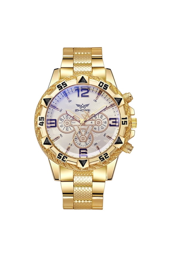 Men's Large-Dial Gold Watch - Blue Luminous, Stainless Steel Strap, Quartz Wristwatch