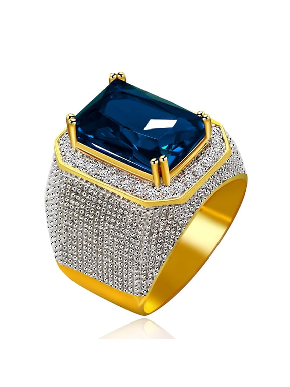Men's Large Rectangle CZ Dark Blue Stone Ring Wide Wedding Engagement Band Gold Plated Ice Out Rings RA408 (Blue,Size 8)