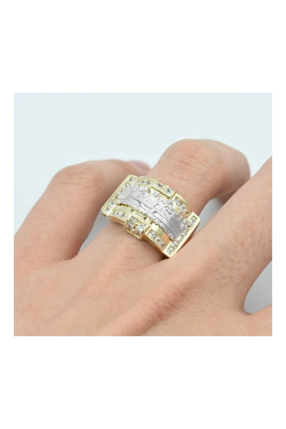 Diamond-Cut CZ Large Rectangle Last Supper Men’s Adult Ring 10K Two-Tone Gold, 8.03 Gr – Goldum NYC