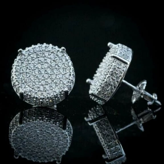 Men's Large Round Micro Pave 925 Sterling Silver CZ Hip Hop Stud Earrings 16mm Screw Back Iced Out Statement Jewelry