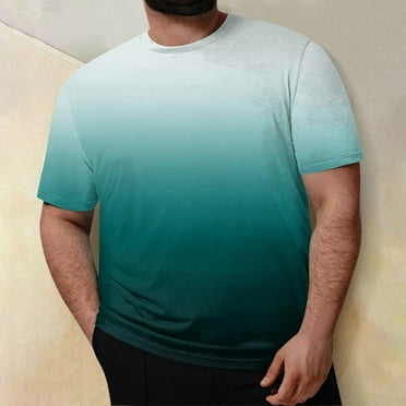 Men's Large Size Loose Casual Gradient Short Sleeve Round Neck T-Shirt Top Cyan 4X