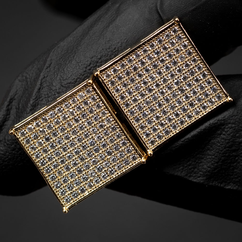 Men's Large Square Flat Screen Hip Hop Big Yellow Gold 925 Sterling Silver Screw Back Stud Earrings