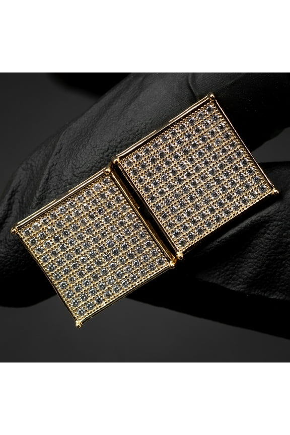 Men's Large Square Flat Screen Hip Hop Big Yellow Gold 925 Sterling Silver Screw Back Stud Earrings