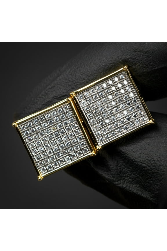 Men's Large Two Tone Yellow Gold Plated 925 Sterling Silver Square Cz Hip Hop Screw Back Stud Earring