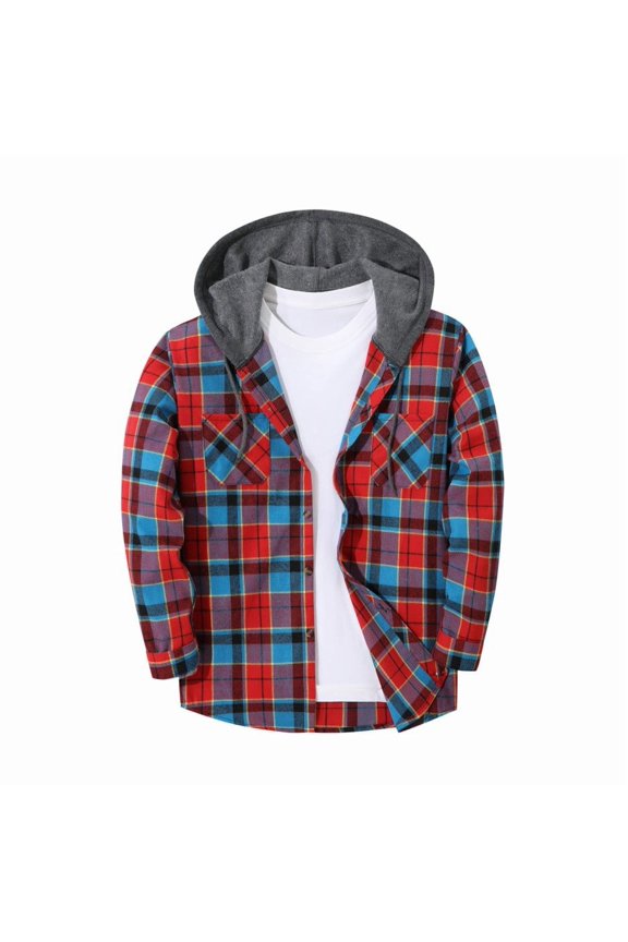 Men's Layering Hooded Flannel Shirt Jacket Casual Plaid Shacket Button Down Long Sleeve with Drawstring Hood Chest Pockets for Fall Winter, Multicolor, S