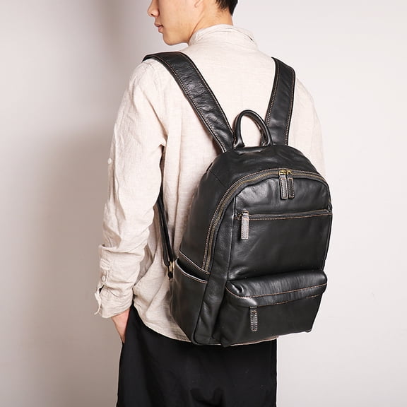 Men's Leather 14-inch Computer Backpack Outdoor Travel Bag,Vintage Brown