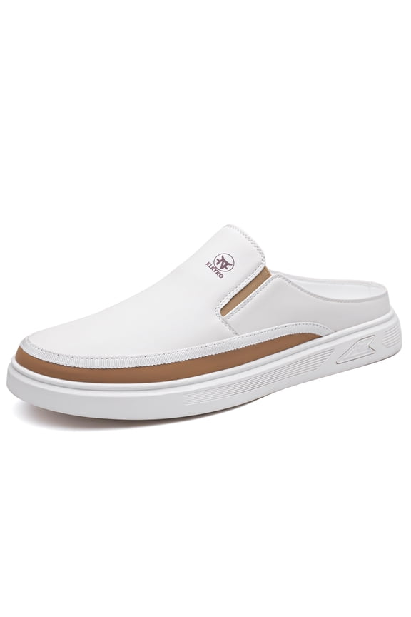Men's Leather Backless Mule Sneakers, Slip-On Casual Loafers with Elastic Gore Panels and Non-Slip Sole for Everyday and Office Wear