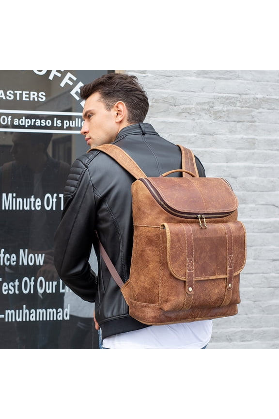 Men's Leather Backpack Outdoor Travel Bucket Backpack Large Capacity,Bronze
