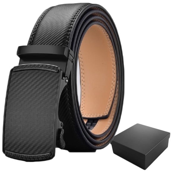 Men's Leather Belt Automatic Ratchet Buckle Slide Belt for Dress Casual Trim to Fit with Gift Box 32" to 38" Waist Adjustable