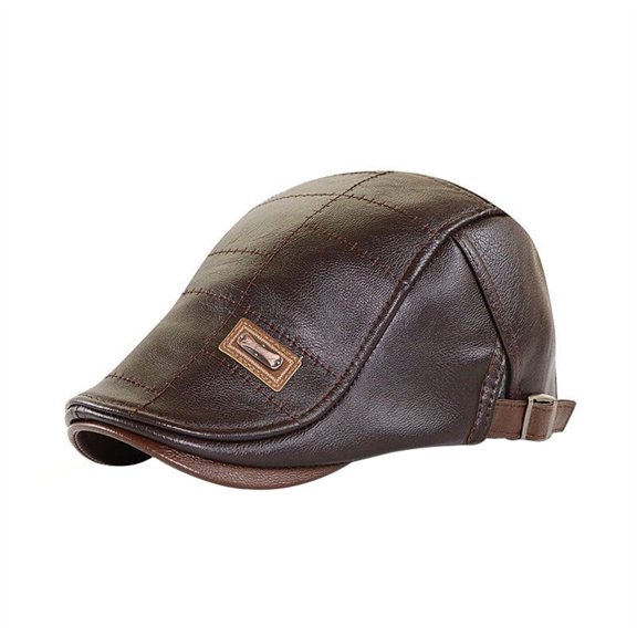Men's Leather Beret Adjustable Newsboy Hat - Waterproof Cowhide, Velvet Lined, Retro Design, Head Circumference 55-60cm