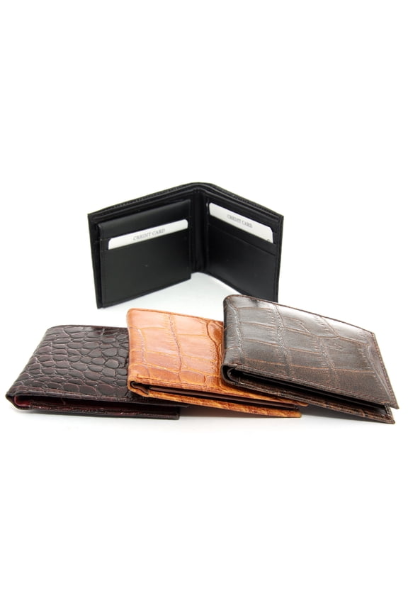 Men's Leather Bifold 7 Credit Card 1 Id Window Crocodile Embossed Tan Wallet 3.25 x 4.25 inches
