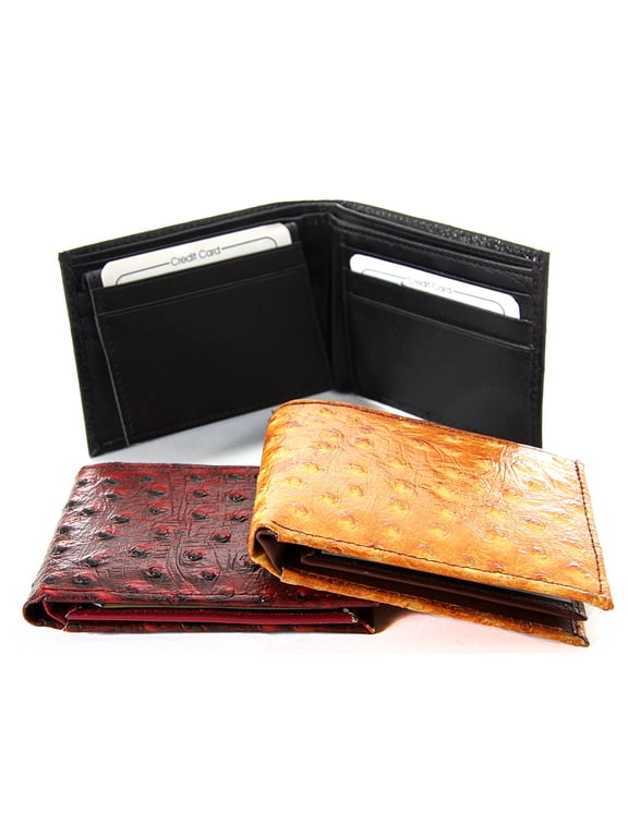 Men's Leather Bifold 7 Credit Card 1 Id Window Ostrich Embossed Brown Wallet 3.25 x 4.25 inches
