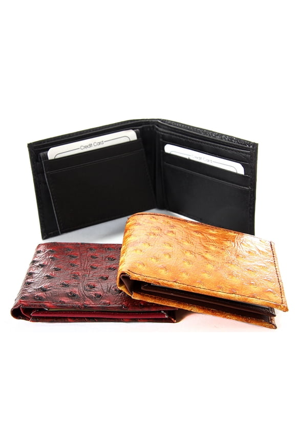 Men's Leather Bifold 7 Credit Card 1 Id Window Ostrich Embossed Brown Wallet 3.25 x 4.25 inches