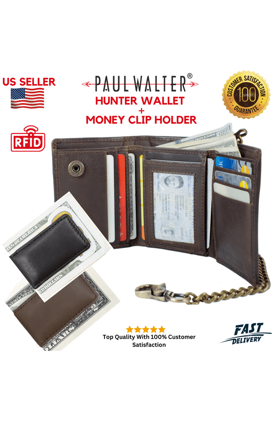 Men's Leather Bifold Wallet RFID + 2 Free Money Clips Christmas Gift Set