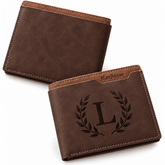 Men's Leather Bifold Wallet with Leaf Wreath Initial Design, Slim ...