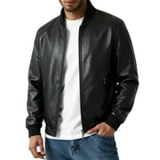 Men's Leather Bomber Jacket, Classic Black, Slim Fit, Motorcycle Style with Zippers