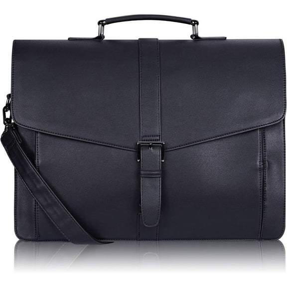 Men's Leather Briefcase 15.6 Inch Laptop Computer Bag for Office/Business/Travel, Large Satchel Professional Pu Leather Messenger Shoulder Bag, Black