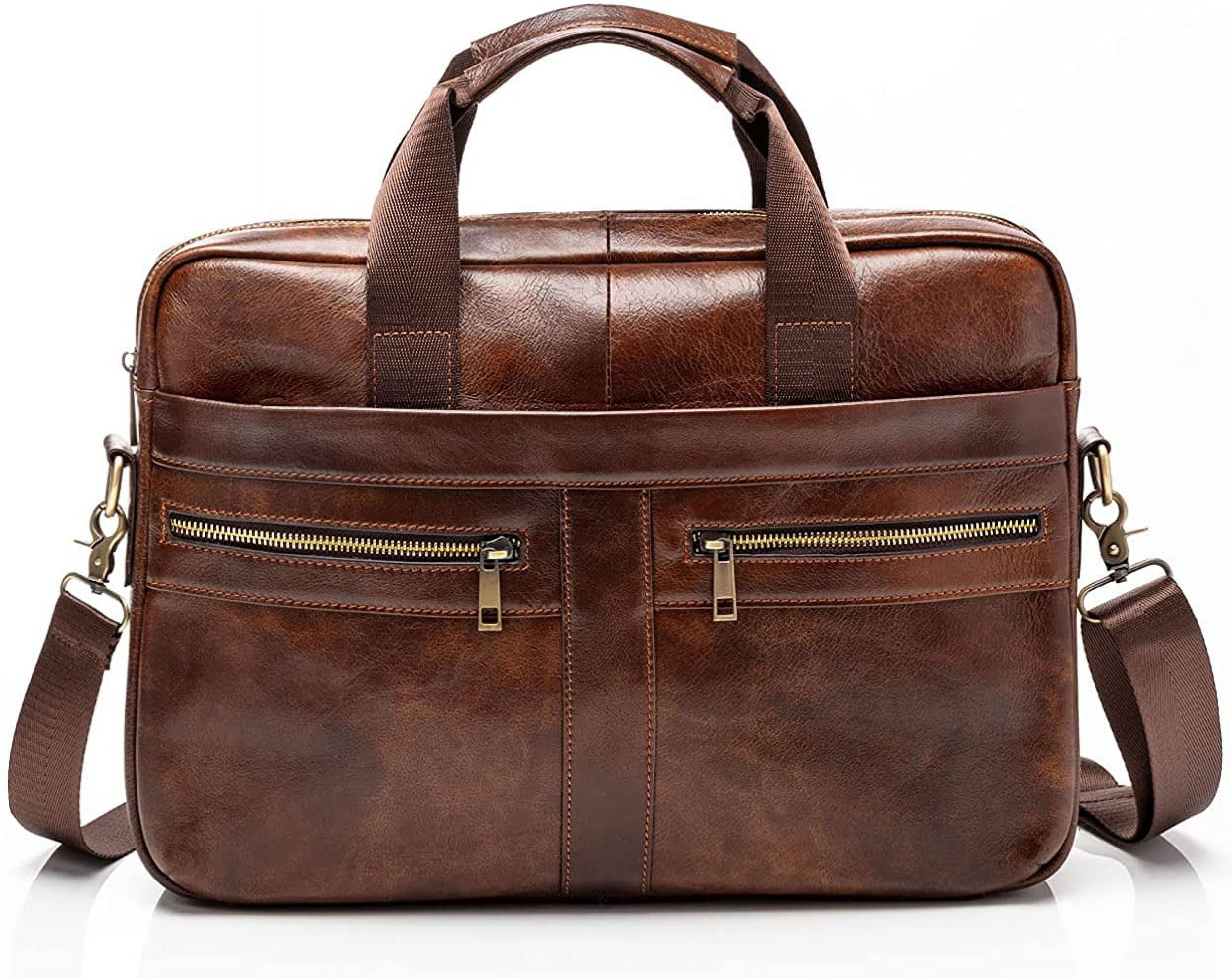 Men's Leather Briefcase, Brown, with Padded Protection, Suitable for Laptops 14 Inches and Below