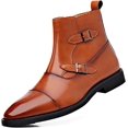 thumbnail image 1 of Men's Leather Cap Toe Buckle Chelsea Boots with Side Zipper British Style Slip-On Low Block Heel Chukka Ankle Boots Casual Business Formal Dress Boots, 1 of 6