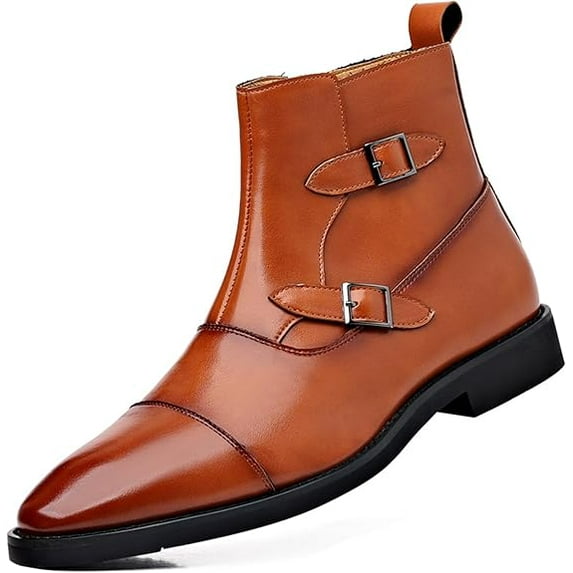 Men's Leather Cap Toe Buckle Chelsea Boots with Side Zipper British Style Slip-On Low Block Heel Chukka Ankle Boots Casual Business Formal Dress Boots