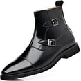 thumbnail image 1 of Men's Leather Cap Toe Buckle Chelsea Boots with Side Zipper British Style Slip-On Low Block Heel Chukka Ankle Boots Casual Business Formal Dress Boots, 1 of 6