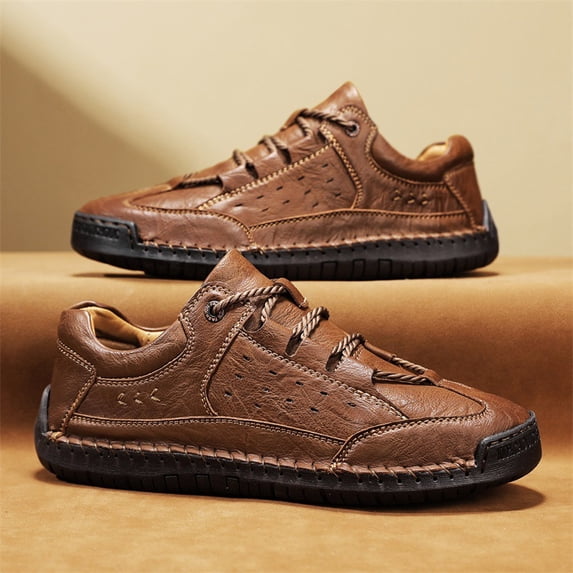 Men's Leather Casual Loafers Breathable Lightweight Shoes for Spring, Hand-Stitched Comfort, Slip-Resistant Sole, Everyday Walking and Outdoor Wear