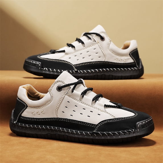 Men's Leather Casual Loafers Breathable Lightweight Shoes for Spring, Hand-Stitched Comfort, Slip-Resistant Sole, Everyday Walking and Outdoor Wear