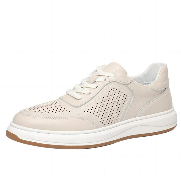 Men's Leather Casual Sneakers Comfort Lightweight Outdoor Loafers for Walking Flat Openwork Breathable Cushioned Shoes Beige 8.5 US