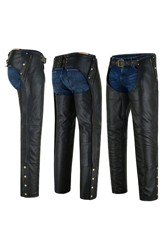 Men's Leather Chaps Dual Side Thigh Zipper Close Pockets Motorcycle Cowhide Leather Rider Chap Adjustable Fit Black-2XL