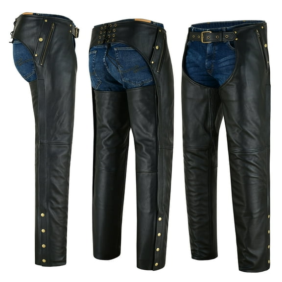 Men's Leather Chaps Dual Side Thigh Zipper Close Pockets Motorcycle Cowhide Leather Rider Chap Adjustable Fit Black-S