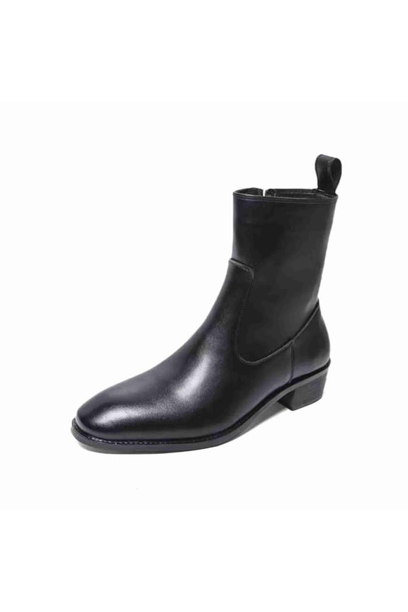 Men's Leather Chelsea Boots, Polished Leather-Look Dress Boots with Side Zipper, Low Block Heel Casual & Formal Short Boots for Men