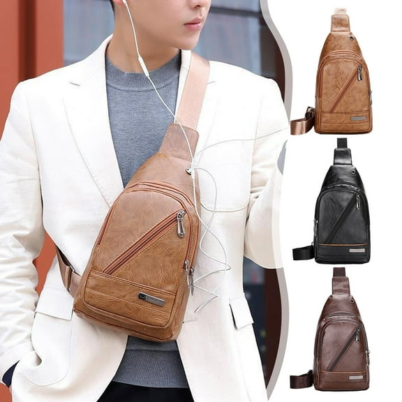 Men's Leather Chest Bag | One-Shoulder Crossbody Sling | Waterproof Antitheft Design | Breathable Strap | USB Charging Port | Multiple Pockets | Coffee/Kahki | 30x17x5cm | 1 Pc