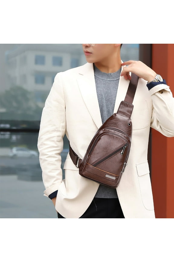 Men's Leather Chest Bag | One-Shoulder Crossbody Sling | Waterproof Antitheft Design | Breathable Strap | USB Charging Port | Multiple Pockets | Coffee/Kahki | 30x17x5cm | 1 Pc