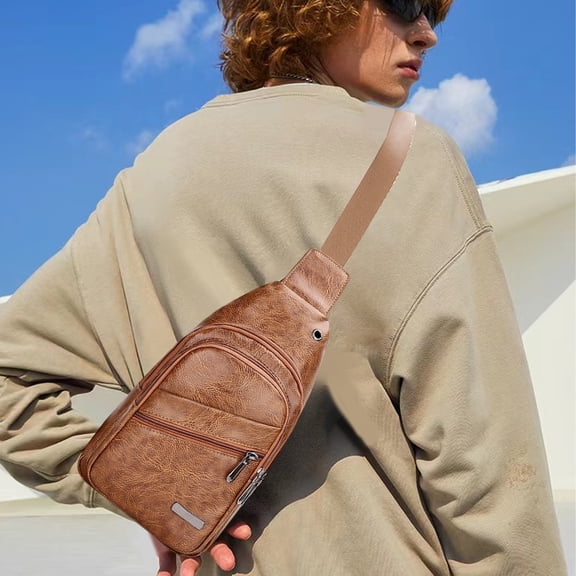 Men’s Leather Chest Bag Waterproof Crossbody Sling Bag, Multi Compartment Anti Theft USB Charging Design with Breathable Strap Lightweight Daily Storage, Business Travel Outdoor Carry Use