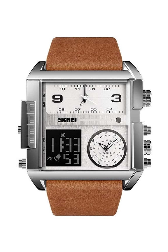 Men's Leather Chronograph Wrist Watch NF01210001LED Backlight Large Screen Multi-Time Zone Men's Watch, Waterproof Analog Men's Digital Sports Watch