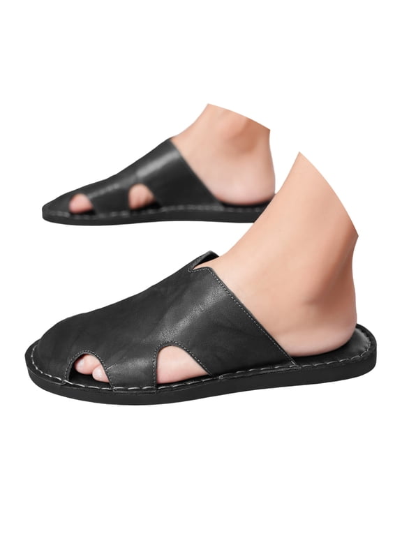 Men's Leather Closed Toe Slippers Hollow Flat Sandals Stitched Non Slip Soft Bottom Slides Summer Outdoor Casual Beach Walking Shoes Black Size 9