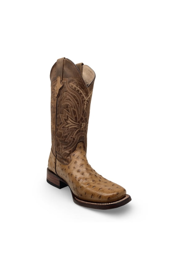 Men’s Leather Cowboy Boot Square Toe Embossed Ostrich Print Western Boot